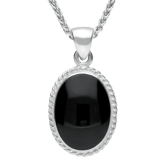 18ct White Gold Whitby Jet Heritage Rope Edge Medium Oval Pendant, P004. 