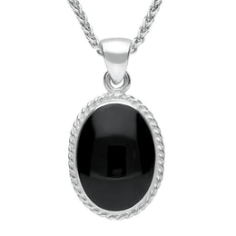 18ct White Gold Whitby Jet Heritage Rope Edge Medium Oval Pendant, P004. 