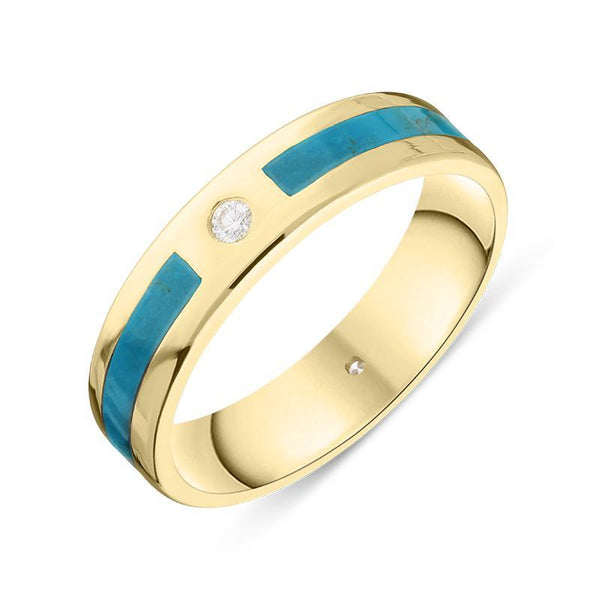 18ct Yellow Gold Turquoise Diamond 5mm Patterned Wedding Band Ring