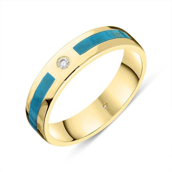 18ct Yellow Gold Turquoise Diamond 5mm Patterned Wedding Band Ring, R1195_5.