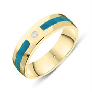 18ct Yellow Gold Turquoise Diamond 6mm Patterned Wedding Band Ring, R1194_6.