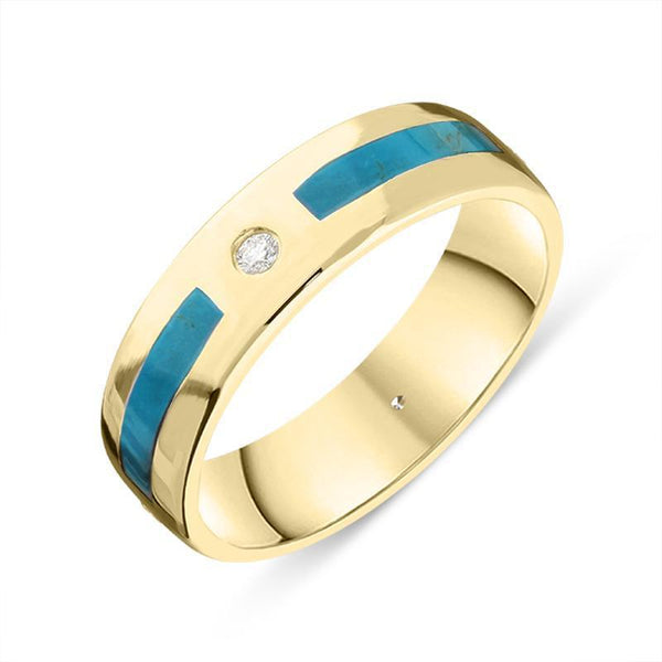 18ct Yellow Gold Turquoise Diamond 6mm Patterned Wedding Band Ring, R1195_6.