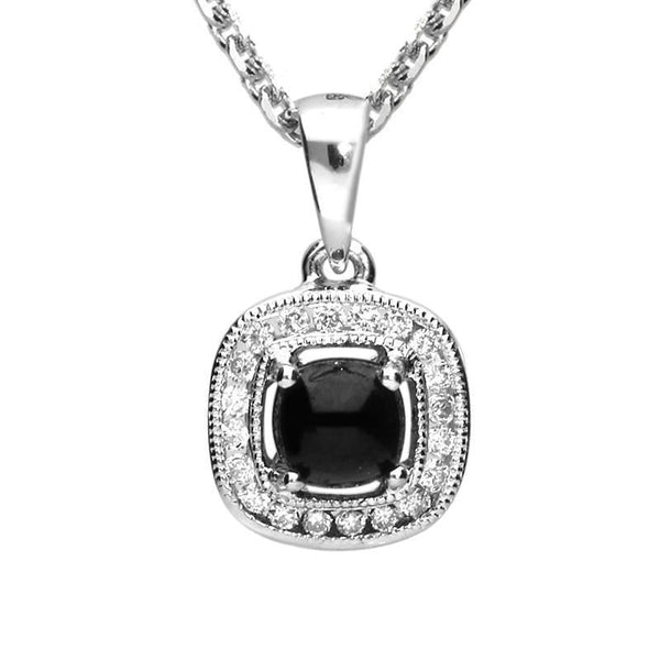 18ct White Gold Whitby Jet 0.13ct Diamond Cushion Necklace P2999