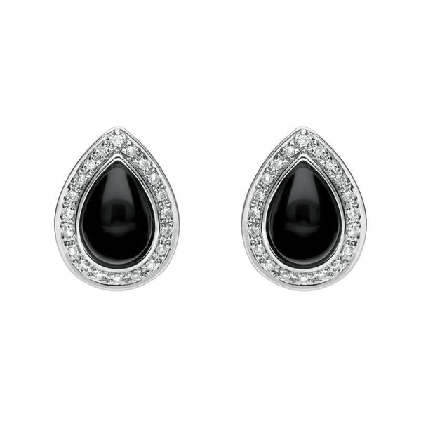 18ct White Gold Whitby Jet 0.16ct Diamond Pear Shaped Stud Earrings, E1361.