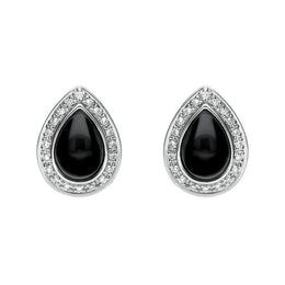 18ct White Gold Whitby Jet 0.16ct Diamond Pear Shaped Stud Earrings, E1361.