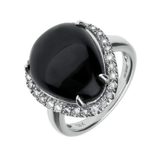  18ct White Gold Whitby Jet Diamond Large Curved Triangle Ring, R767.