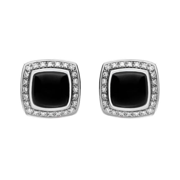 18ct White Gold Whitby Jet 0.18ct Diamond Square Stud Earrings E1334