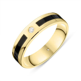18ct Yellow Gold Whitby Jet Diamond 5mm Patterned Wedding Band Ring R1194_5