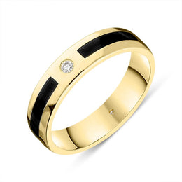 18ct Yellow Gold Whitby Jet Diamond 5mm Patterned Wedding Band Ring R1195_5