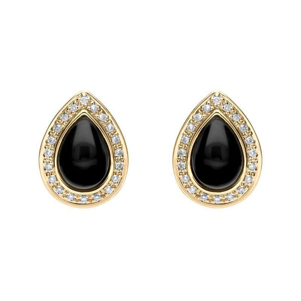 18ct Yellow Gold Whitby Jet Diamond Pear Pave Edge Stud Earrings E1361