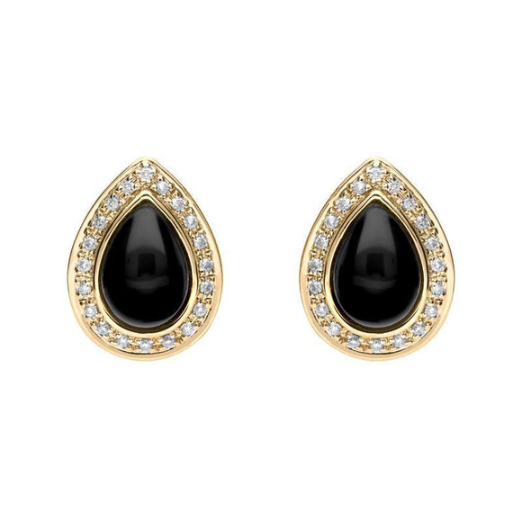 18ct Yellow Gold Whitby Jet Diamond Pear Pave Edge Stud Earrings E1361