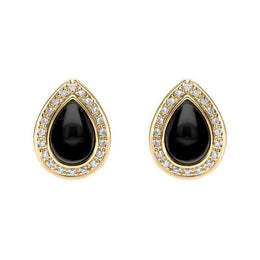 18ct Yellow Gold Whitby Jet Diamond Pear Pave Edge Stud Earrings E1361