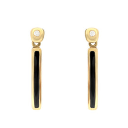 18ct Yellow Gold Whitby Jet Diamond Slim Oblong Drop Earrings. e735.