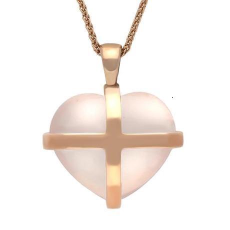 9ct Rose Gold Rose Quartz Large Cross Heart Necklace, P1542.