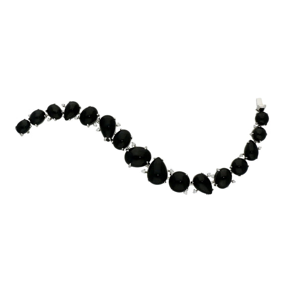 Whitby Jet Bracelet Organic Design Set With Diamonds 18ct White Gold. B887.