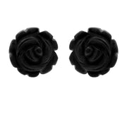 Sterling Silver Whitby Jet Large Carved Rose Two Piece Set