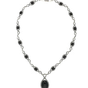 Sterling Silver Whitby Jet Marcasite Thirteen Stone Twist Link Necklace