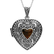 Sterling Silver Blue John Marcasite Heart Shaped Vintage Style Locket Necklace P2149