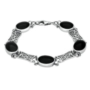 Sterling Silver Whitby Jet Five Stone Pierced Oval Bracelet B024
