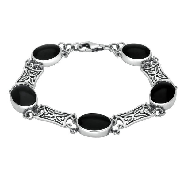 Sterling Silver Whitby Jet Five Stone Pierced Oval Bracelet B024