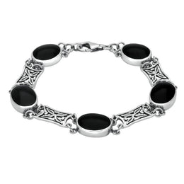 Sterling Silver Whitby Jet Five Stone Pierced Oval Bracelet B024