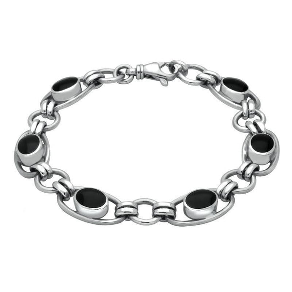 Sterling Silver Whitby Jet Heritage Oval Loop Link Bracelet. B183.