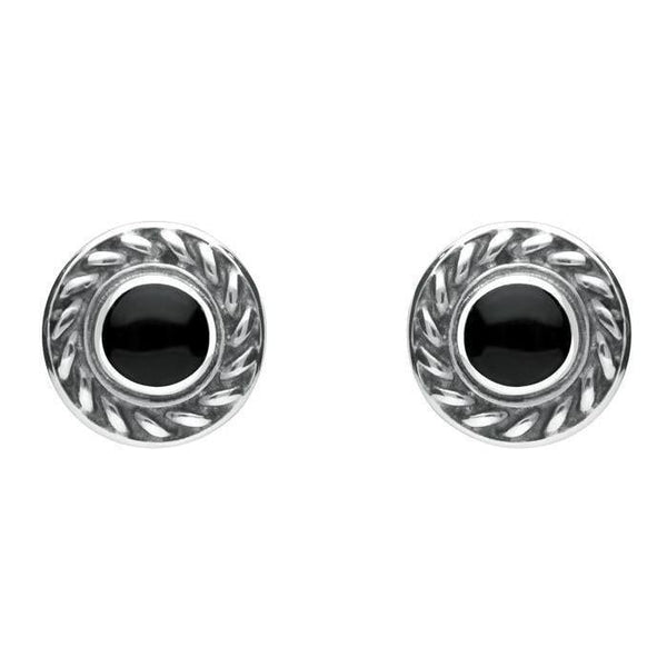 Sterling Silver Whitby Jet Round Rope Edge Stud Earrings. E112.