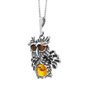 Sterling Silver Amber Moving Head Owl Necklace