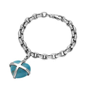 Sterling Silver Turquoise Cross Heart Link Charm Bracelet, B681