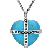 Sterling Silver Turquoise Marcasite Large Cross Heart Necklace, P2260.