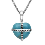 Sterling Silver Turquoise Marcasite Small Cross Heart Necklace, P2265.