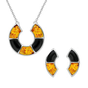 Sterling Silver Whitby Amber Jet Curved Stone Two Piece Set