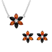Sterling Silver Whitby Jet Amber Flower Two Piece Set