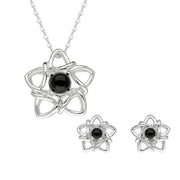 00185628 Sterling Silver Whitby Jet Open Star Flower Two Piece Set, S074