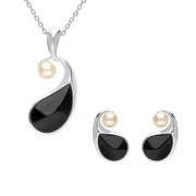 Sterling Silver Whitby Jet Pearl Open Twist Two Piece Set