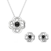 00185627  Sterling Silver Whitby Jet Open Round Flower Two Piece Set, S073.