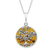 Sterling Silver Amber Small Round Large Leaves Tree of Life Necklace P3340