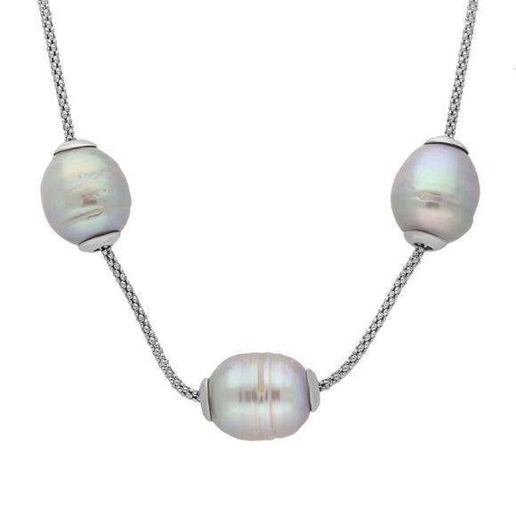 Sterling Silver Grey Baroque Pearl Three Bead Necklace. N699.