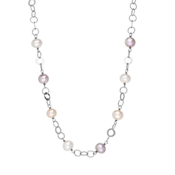 Sterling Silver Multi-coloured Pearl Beaded Necklace, N864.