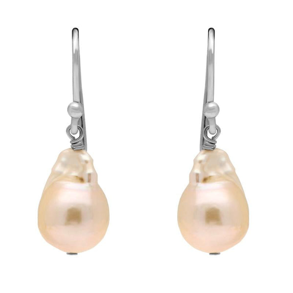 Sterling Silver Peach Baroque Pearl Hook Drop Earrings. E865.