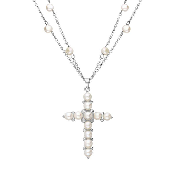 Sterling Silver Pearl Double Chain Cross Necklace, N847.