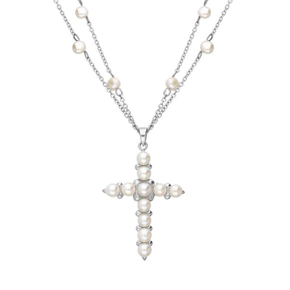 Sterling Silver Pearl Double Chain Cross Necklace, N847.