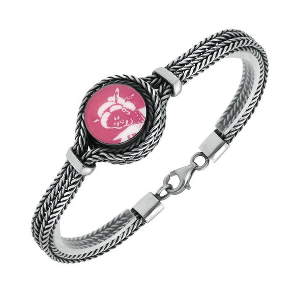 Sterling Silver Royal Crown Derby Pink Mikado Small Round Foxtail Bracelet BUNQ0000856