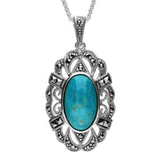 Sterling Silver Turquoise Marcasite Lace Edged Oval Necklace, P2122.
