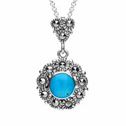 Sterling Silver Turquoise Marcasite Round Beaded Drop Necklace P2342