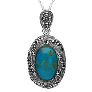 Sterling Silver Turquoise Marcasite Twisted Spiral Edge Necklace, P2141.