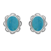 Sterling Silver Turquoise Rope Frill Edge Oval Stud Earrings. E009.