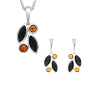 Sterling Silver Whitby Jet Amber Four Stone Leaf Drop Two Piece Set. S047