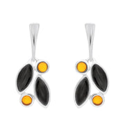 Sterling Silver Whitby Jet Amber Four Stone Leaf Drop Two Piece Set. S047 earrings