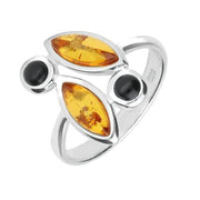 Sterling Silver Whitby Jet Amber Four Stone Marquise Ring, R942.